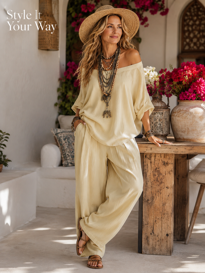 Boho Minimalist Off-Shoulder Matching Pants Set