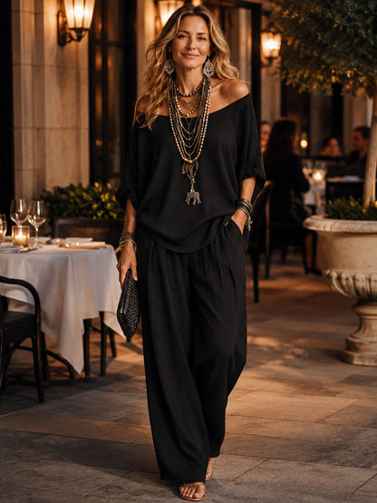 Boho Minimalist Off-Shoulder Matching Pants Set