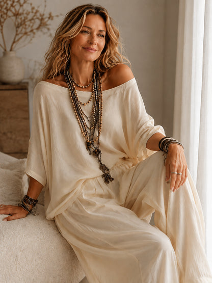 Boho Minimalist Off-Shoulder Matching Pants Set