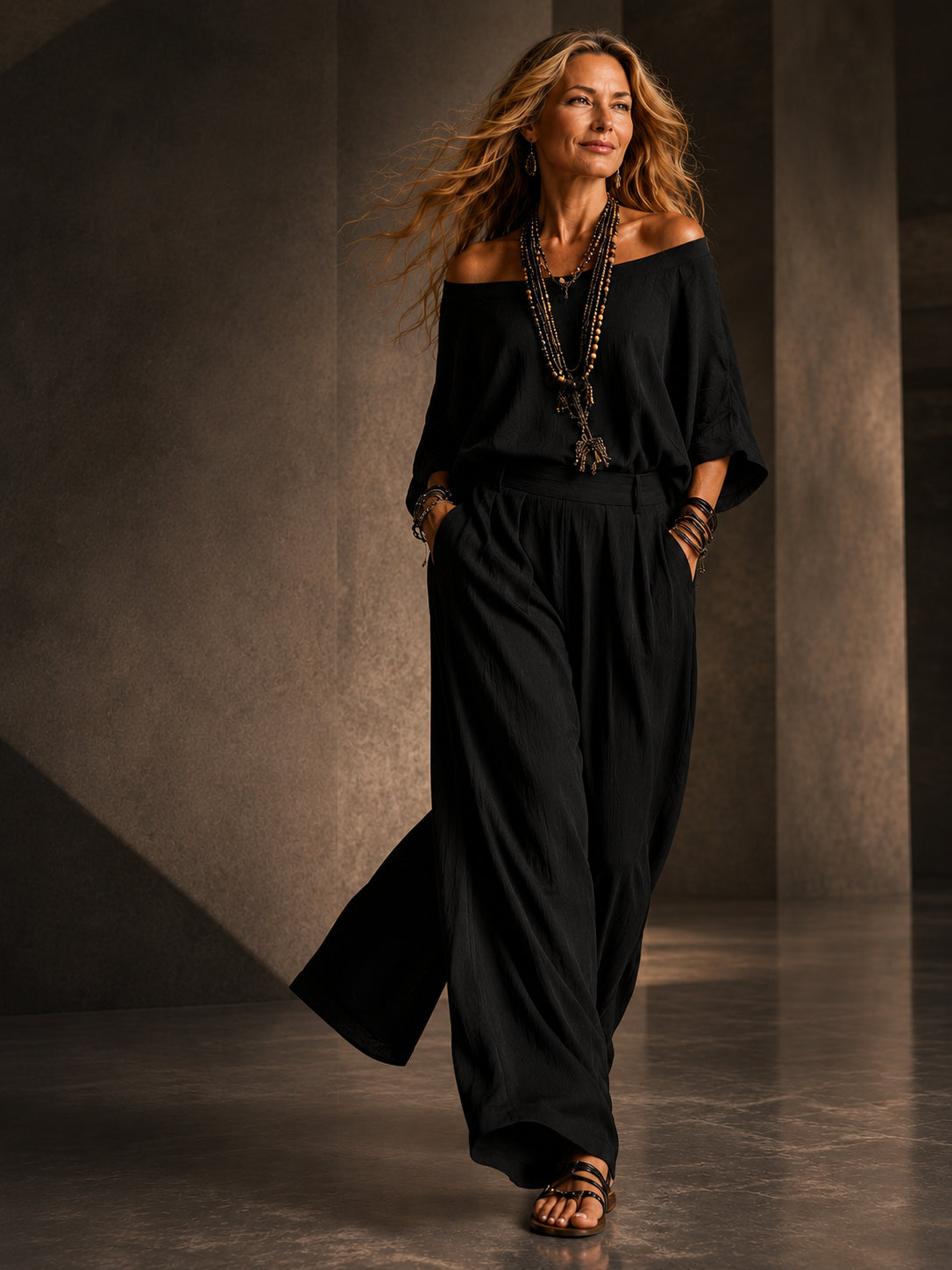 Boho Minimalist Off-Shoulder Matching Pants Set