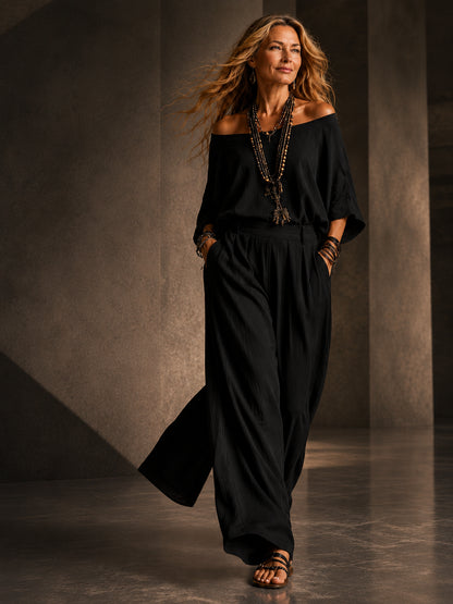Boho Minimalist Off-Shoulder Matching Pants Set