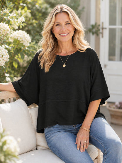 Women's Loose Batwing Sleeve Crewneck Cotton Blouse Tops