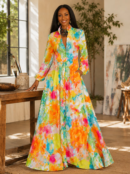 Women's Long Sleeve Printed Maxi Shirt Dress