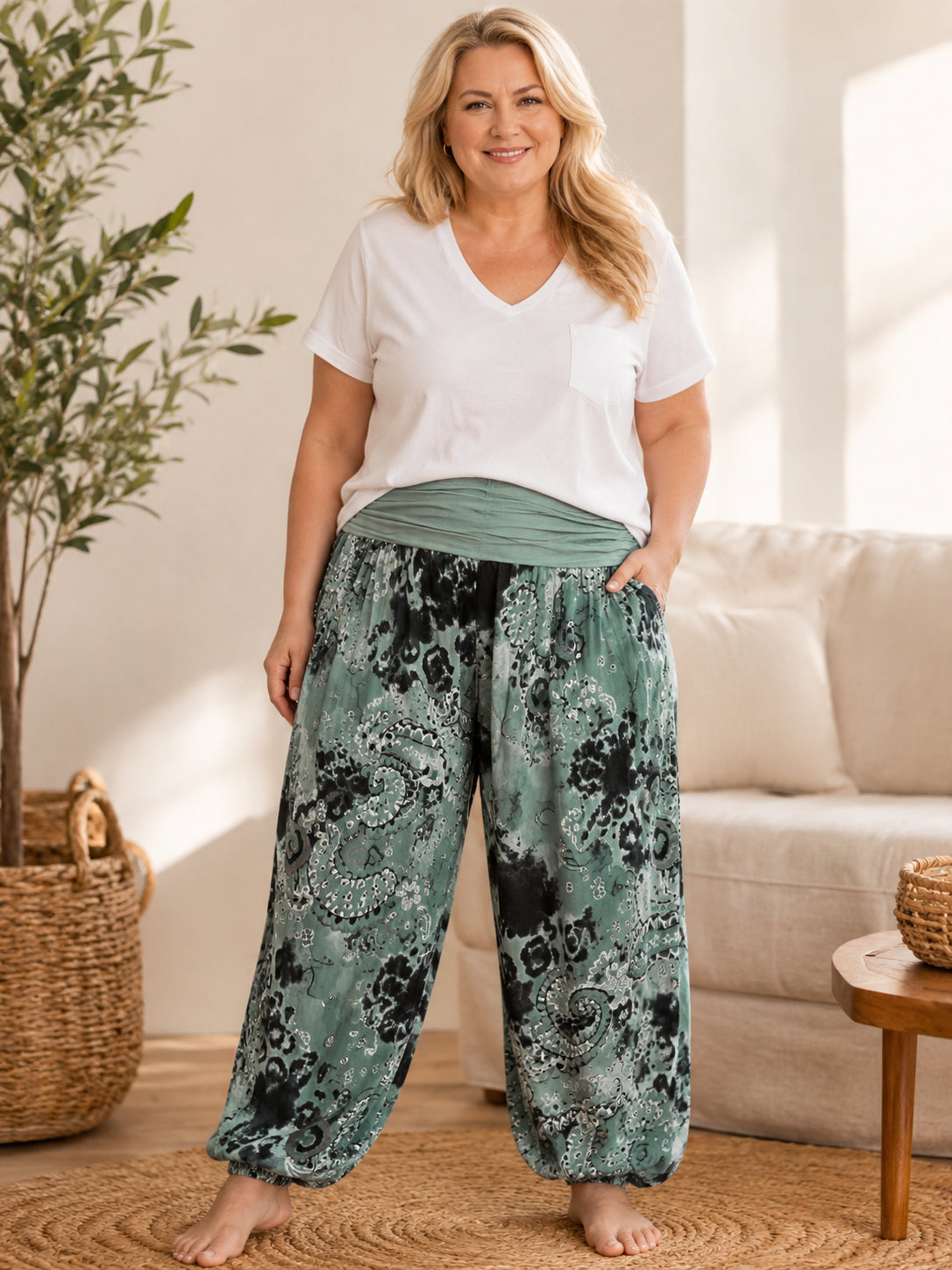 Plus Size Women's Soft Boho Harem Lounge Pants
