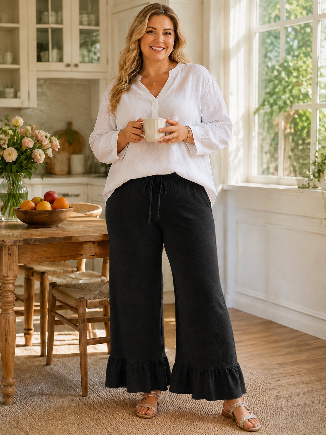Women's High Waisted Ruffle Hem Wide Leg Lounge Pants