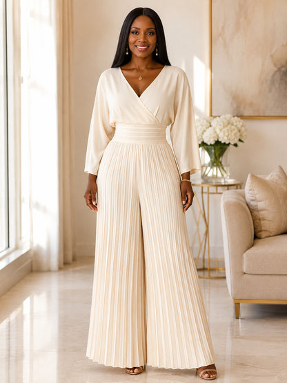 Women's  V-Neck Pleated Wide-Leg Jumpsuit