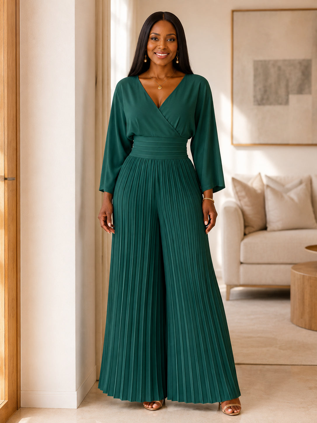 Women's  V-Neck Pleated Wide-Leg Jumpsuit