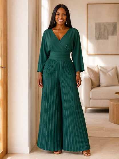 Women's  V-Neck Pleated Wide-Leg Jumpsuit