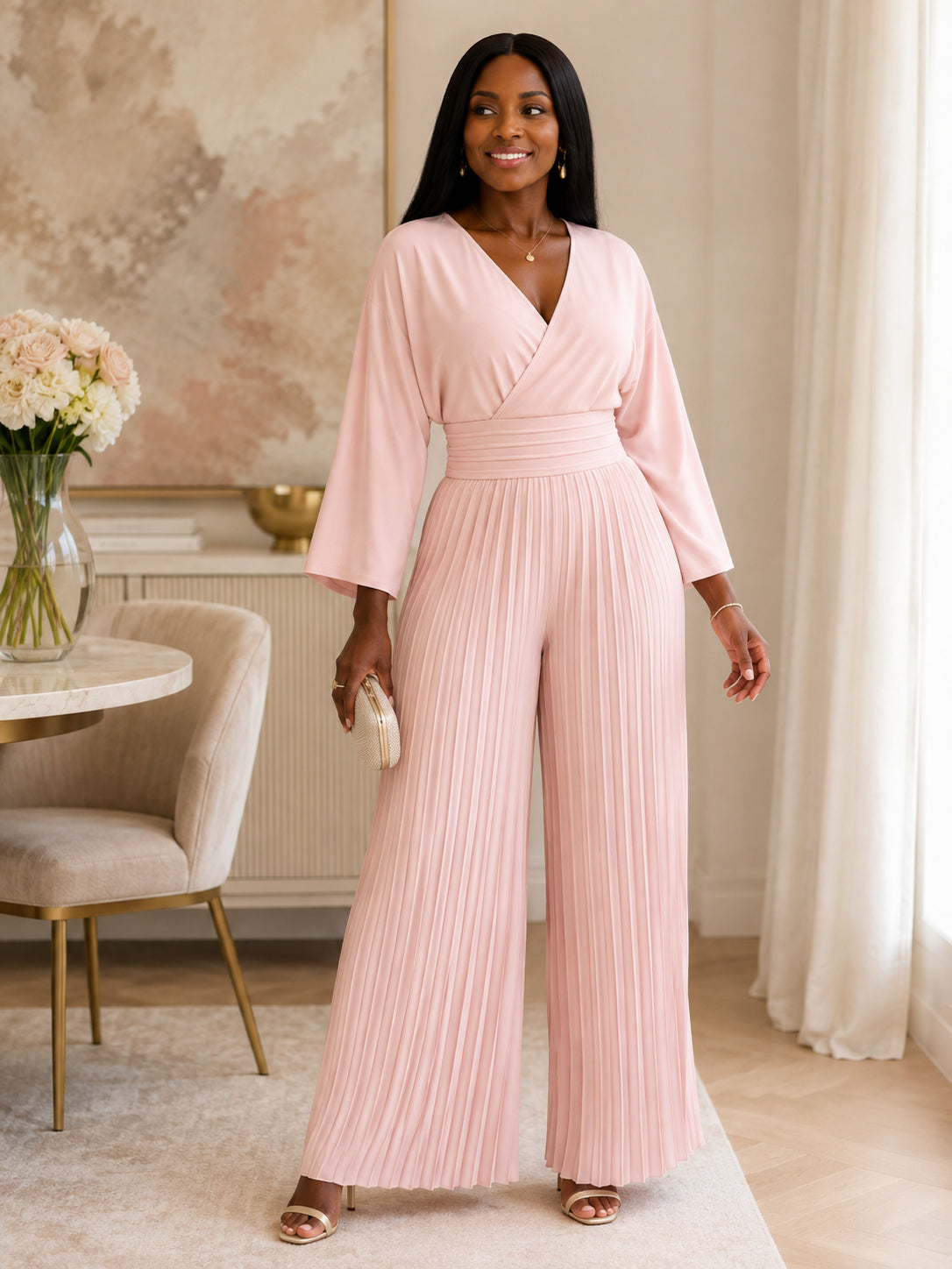 Women's  V-Neck Pleated Wide-Leg Jumpsuit
