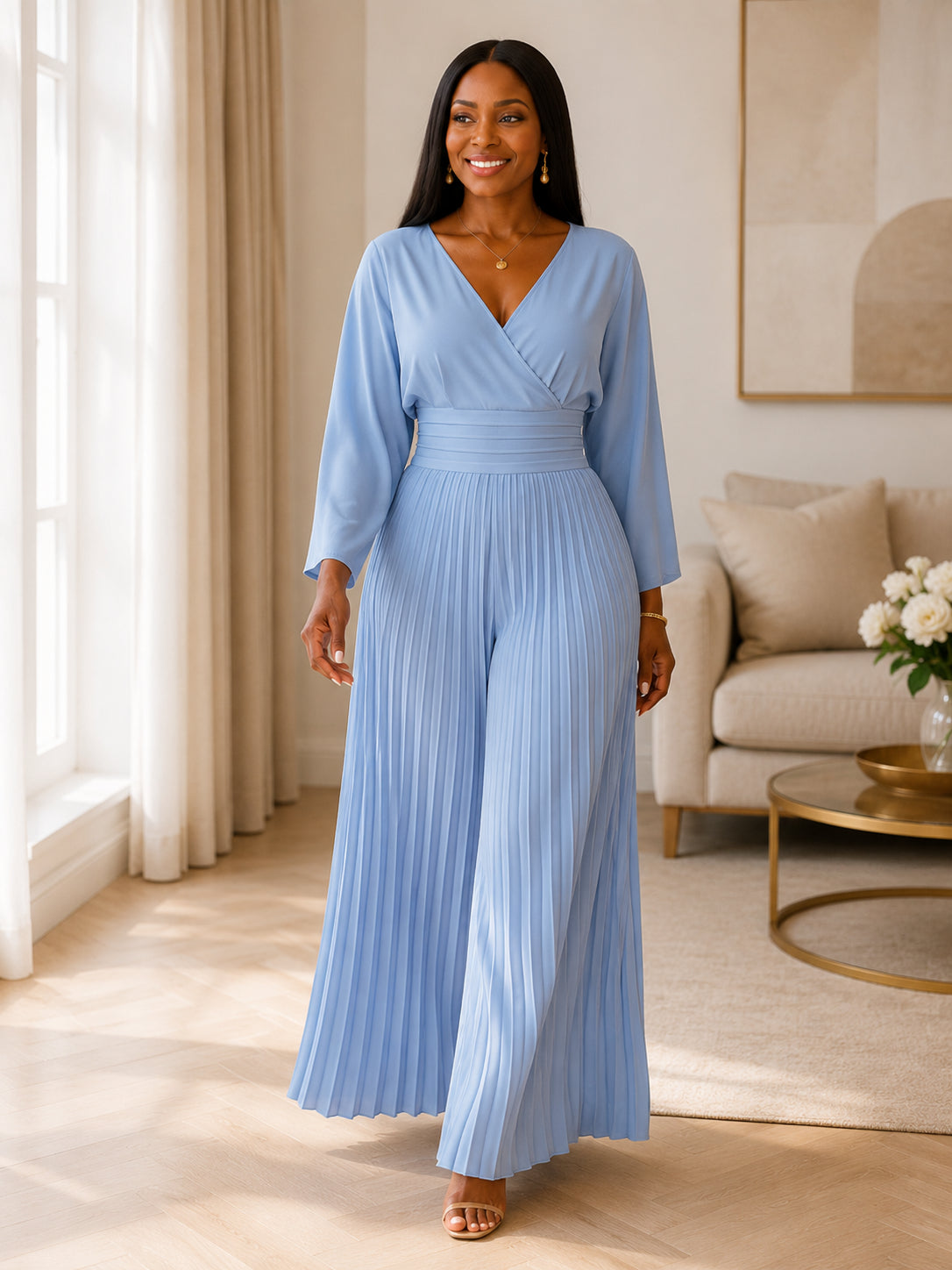 Women's  V-Neck Pleated Wide-Leg Jumpsuit
