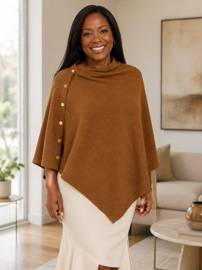 Women's Asymmetric Buttoned Knit Poncho Shawl