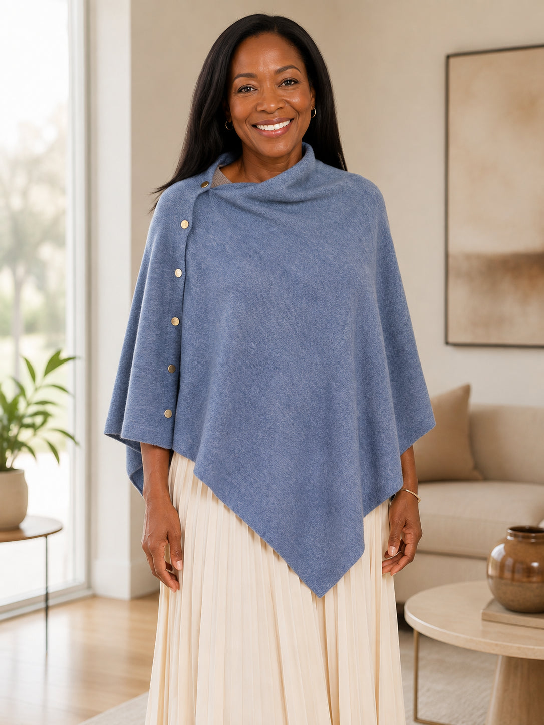 Women's Asymmetric Buttoned Knit Poncho Shawl