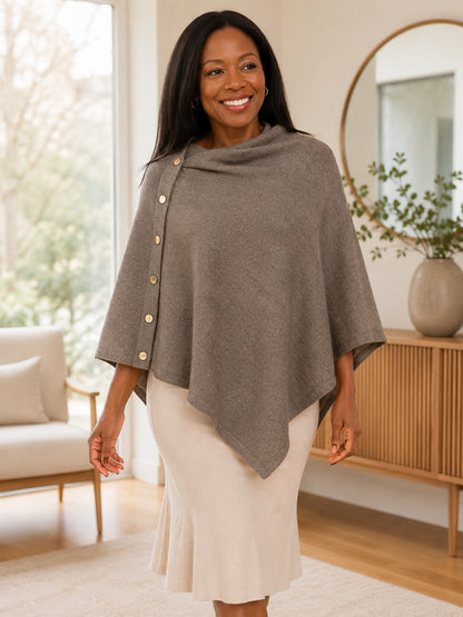 Women's Asymmetric Buttoned Knit Poncho Shawl