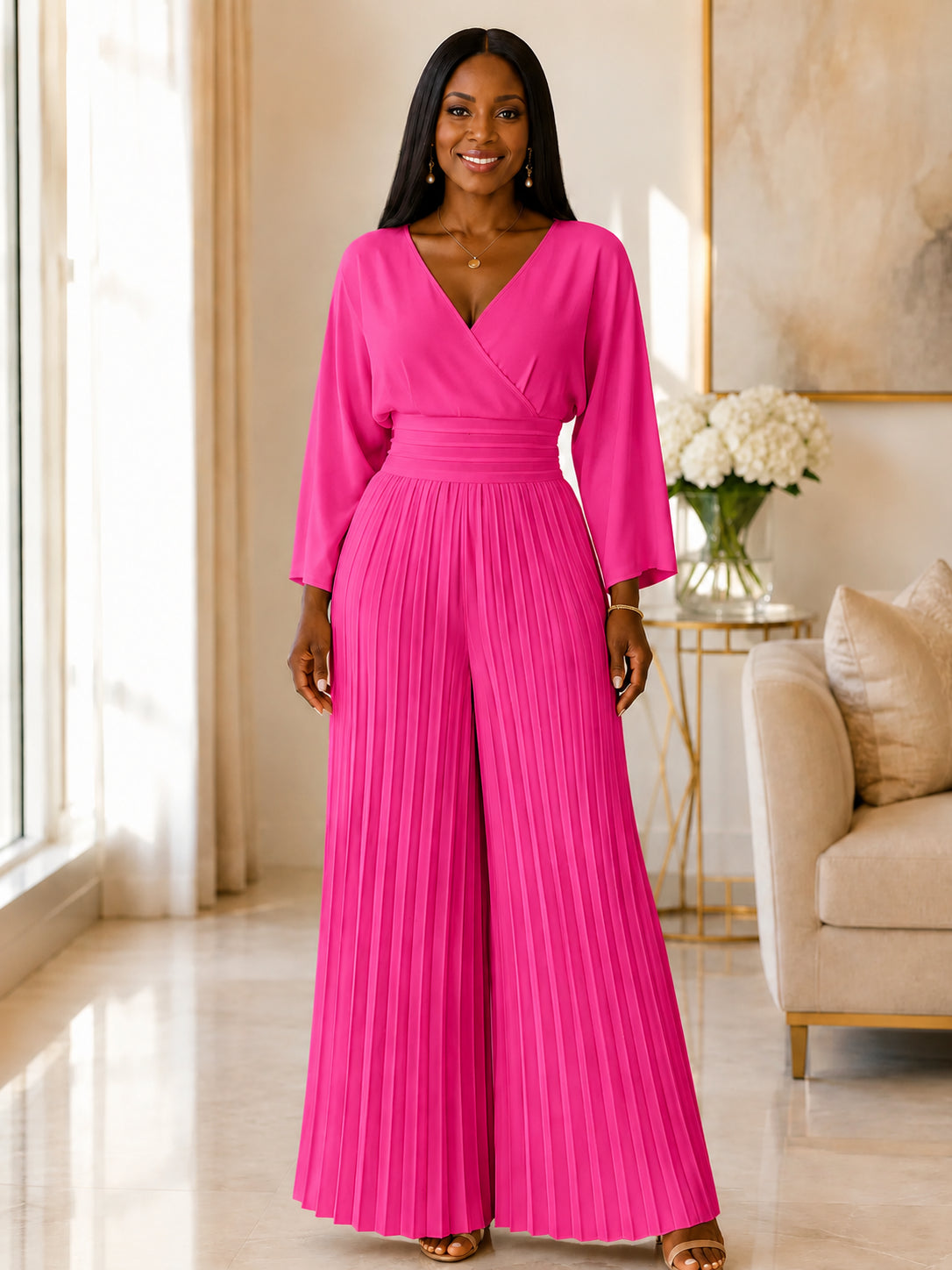 Women's  V-Neck Pleated Wide-Leg Jumpsuit