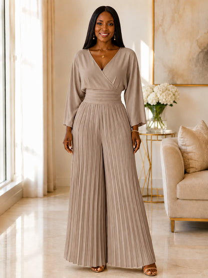 Women's  V-Neck Pleated Wide-Leg Jumpsuit