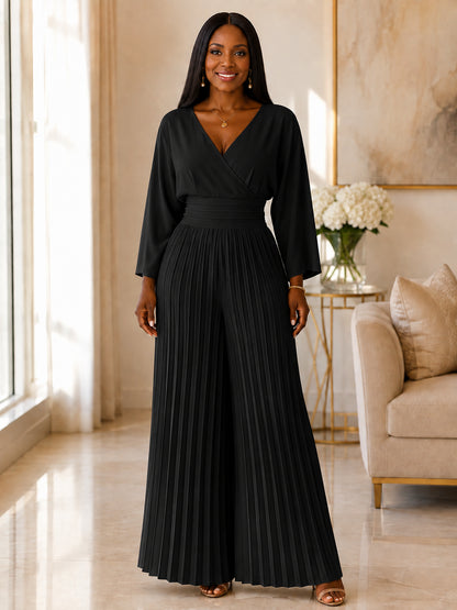 Women's  V-Neck Pleated Wide-Leg Jumpsuit