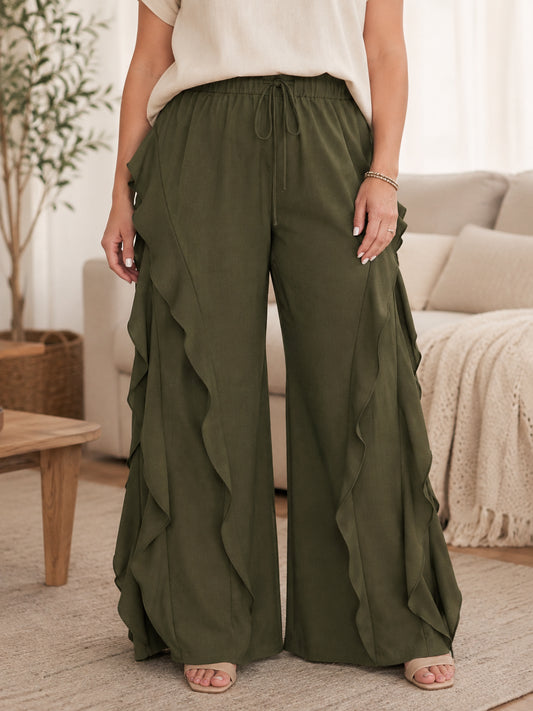 Women's Plus Size Ruffled Drawstring Wide Leg Pants