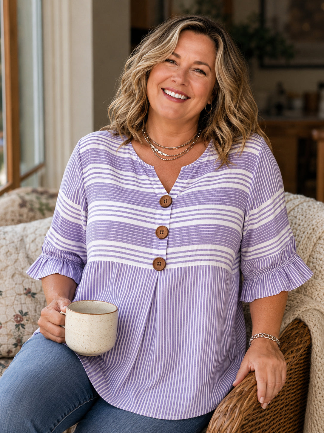 Women's Striped V-Neck Button-Front Tunic Top