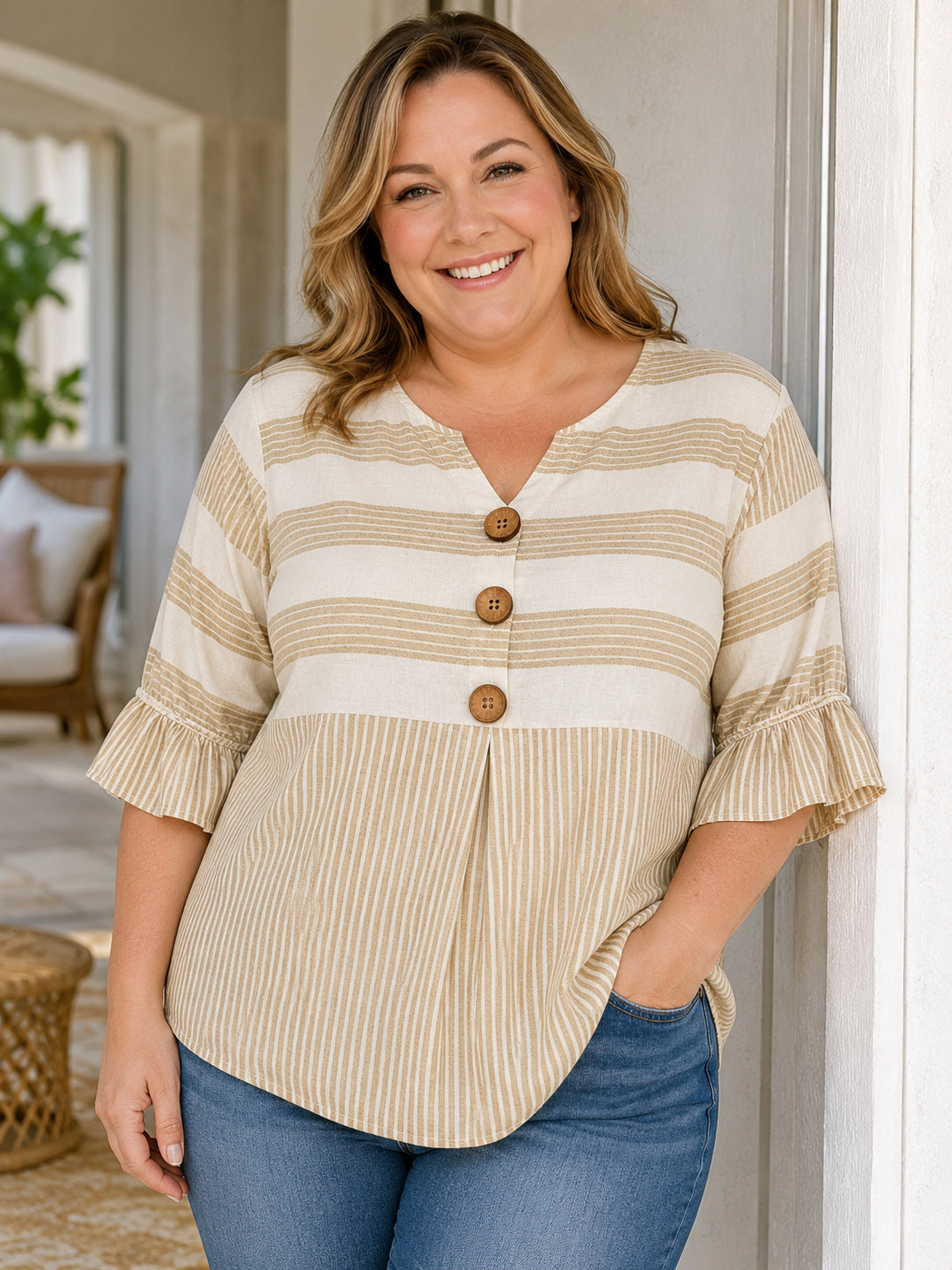 Women's Striped V-Neck Button-Front Tunic Top