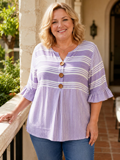 Women's Striped V-Neck Button-Front Tunic Top