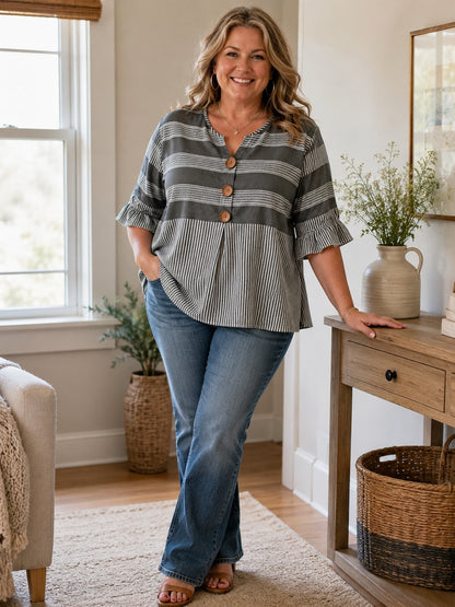 Women's Striped V-Neck Button-Front Tunic Top