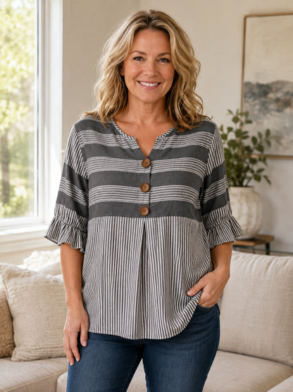 Women's Striped V-Neck Button-Front Tunic Top
