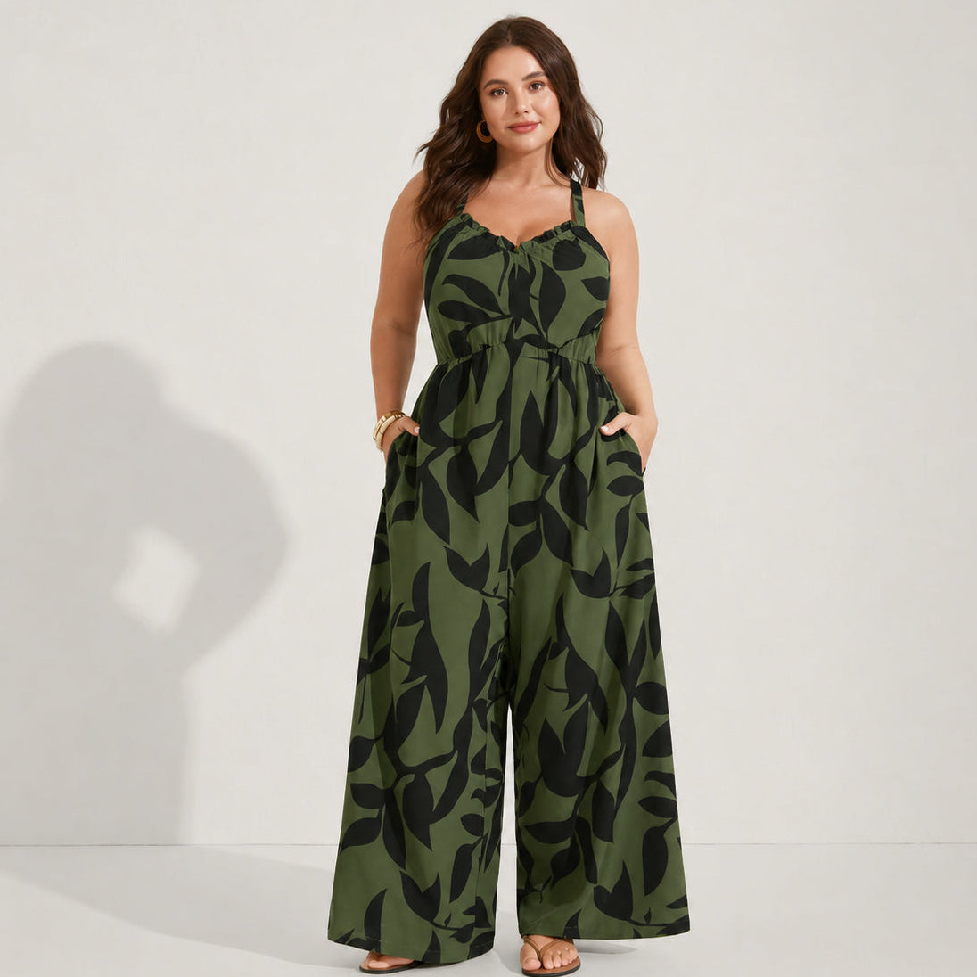 Plus Size Boho Wide-Leg Jumpsuit with Pockets