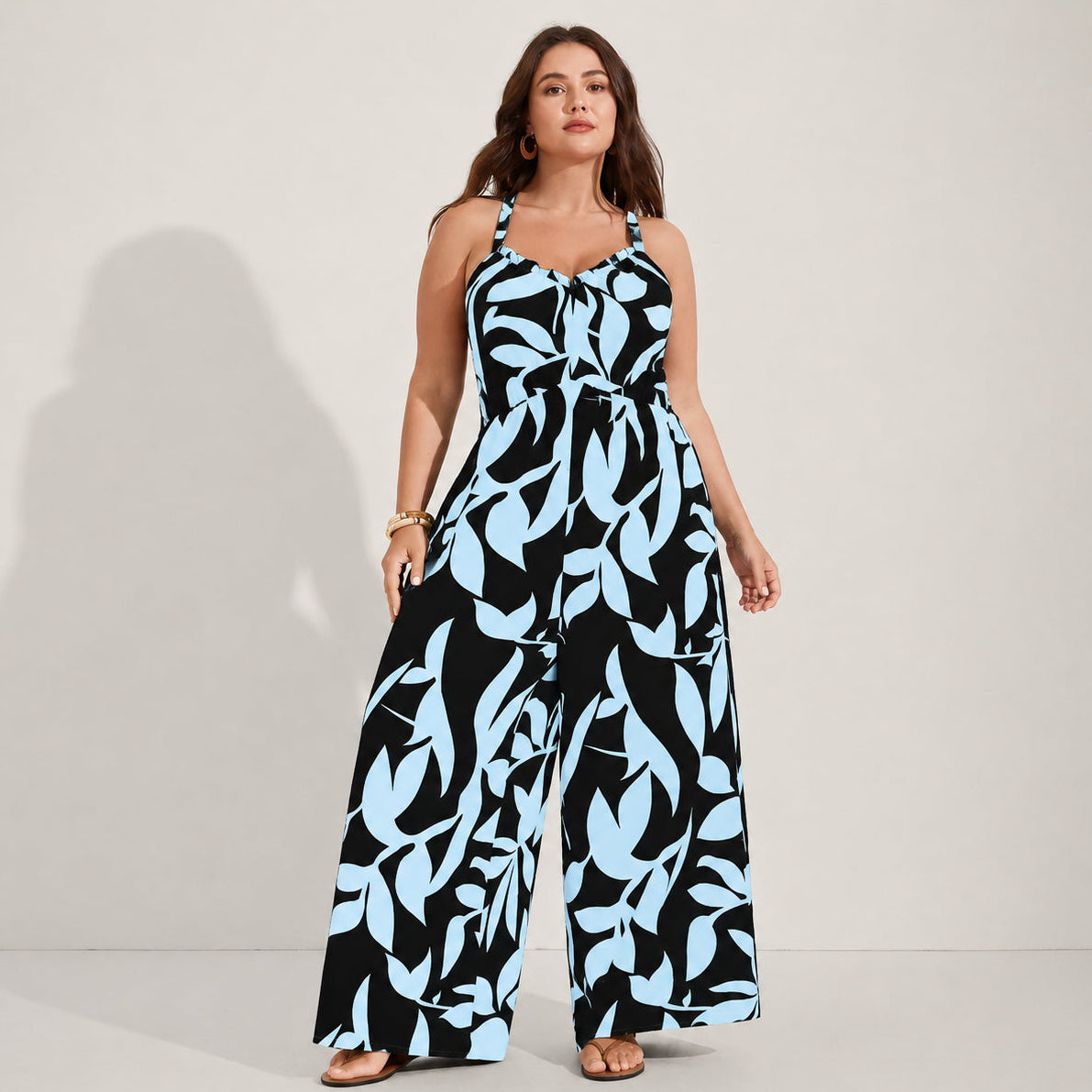 Plus Size Boho Wide-Leg Jumpsuit with Pockets