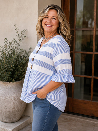Women's Striped V-Neck Button-Front Tunic Top
