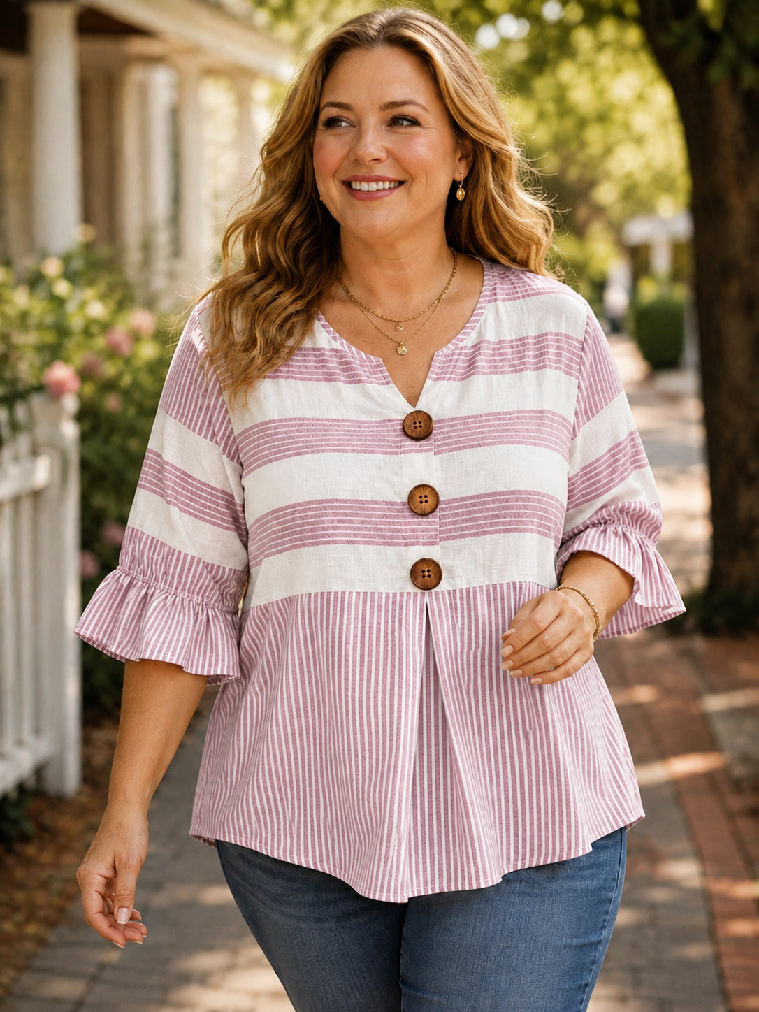 Women's Striped V-Neck Button-Front Tunic Top