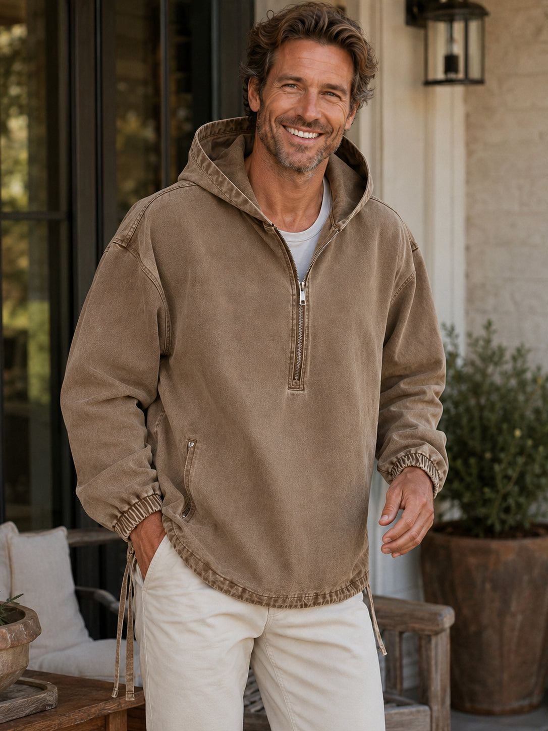 Men's Vintage Half-Zip Hooded Pullover Jacket