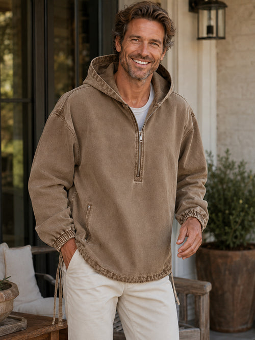 Men's Vintage Half-Zip Hooded Pullover Jacket