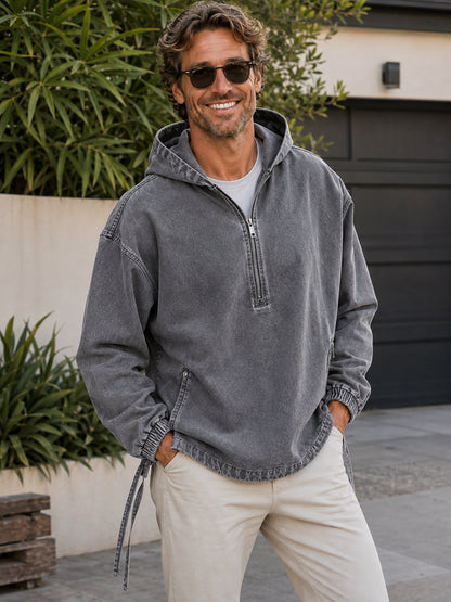 Men's Vintage Half-Zip Hooded Pullover Jacket