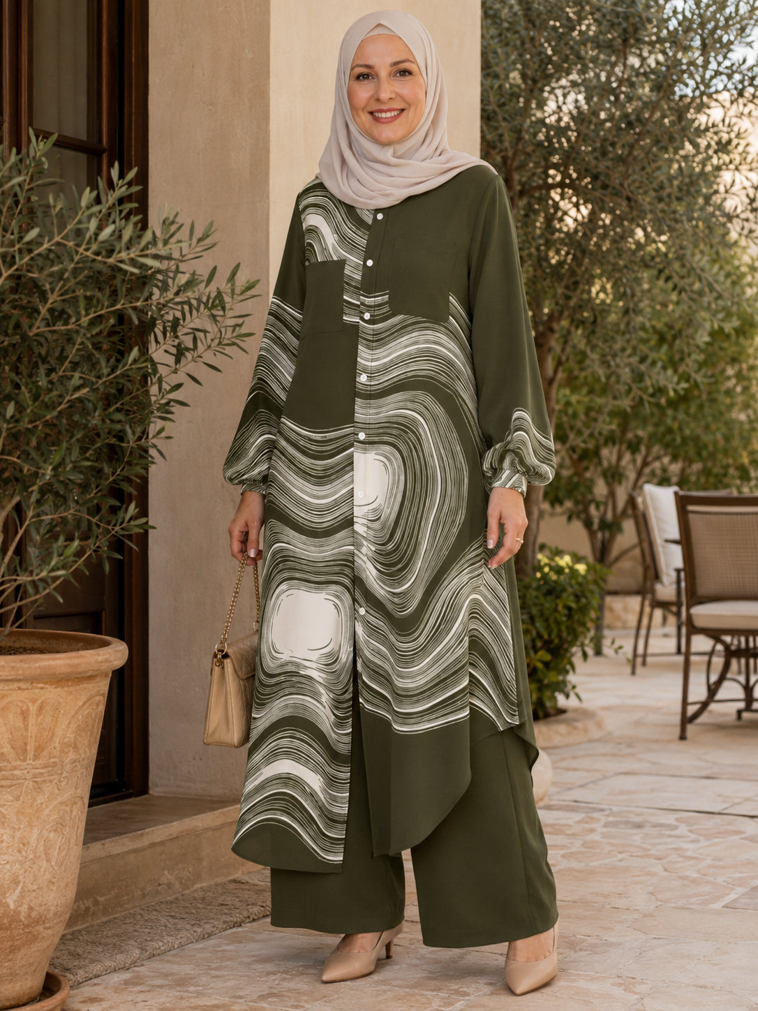 Women's Modern Musilm Abaya &Wide-Leg PantsSet 
