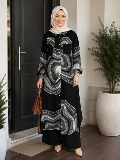 Women's Modern Musilm Abaya &Wide-Leg PantsSet 