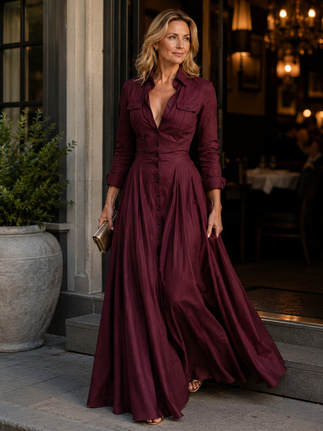 Button-Front Pleated Ball Gown Maxi Dress