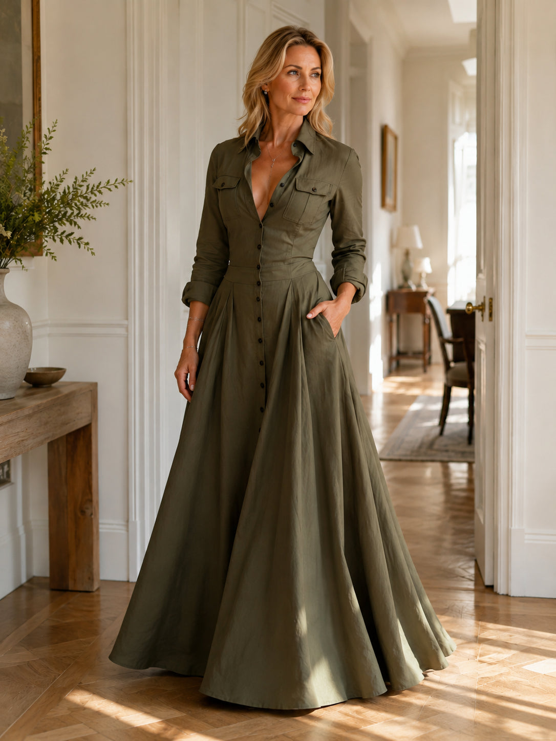 Button-Front Pleated Ball Gown Maxi Dress