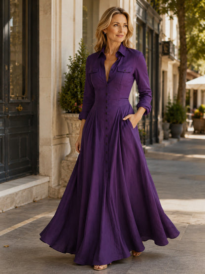 Button-Front Pleated Ball Gown Maxi Dress