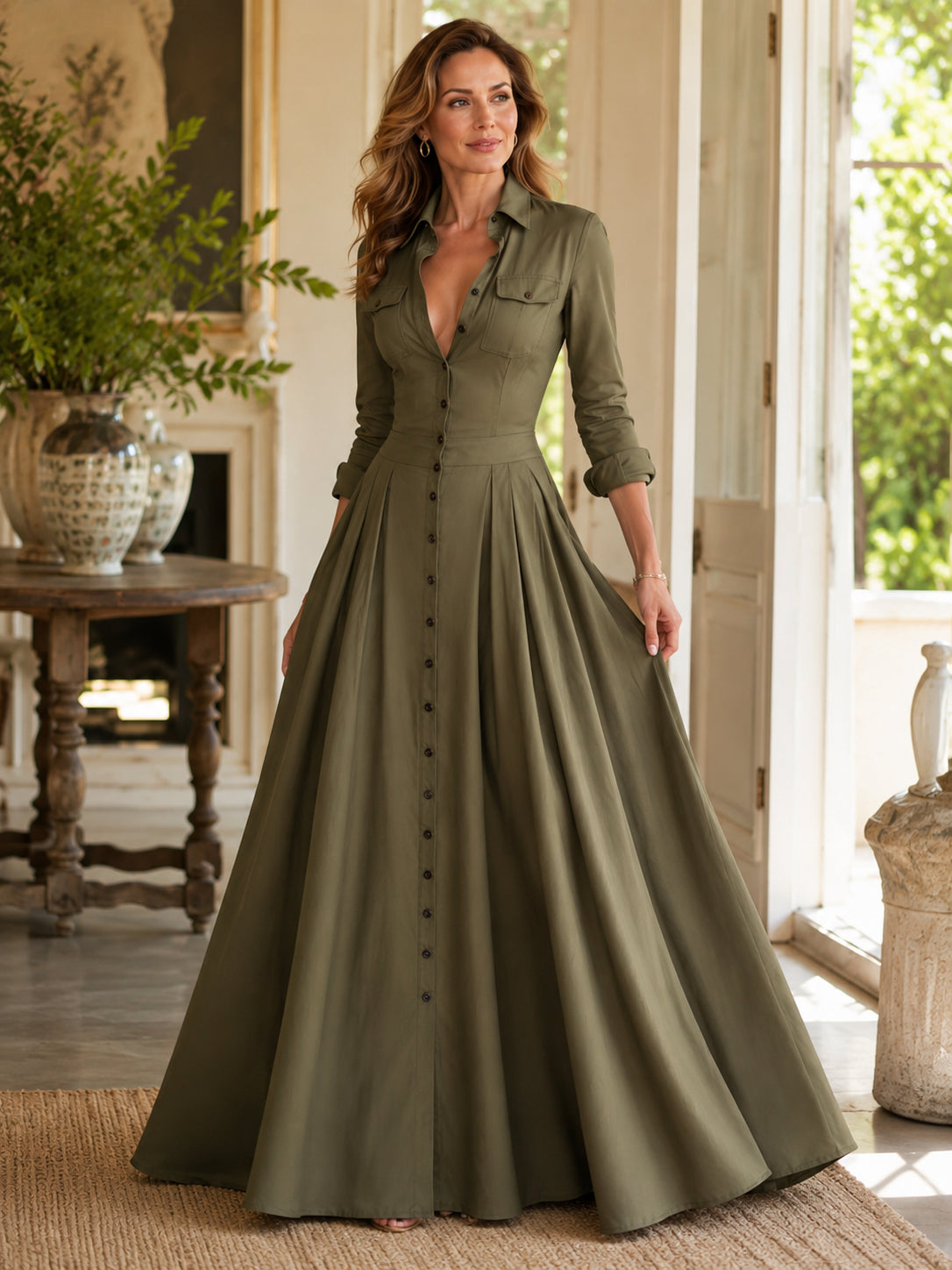 Button-Front Pleated Ball Gown Maxi Dress