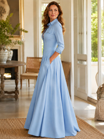 Button-Front Pleated Ball Gown Maxi Dress