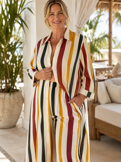Plus Size Vertical Stripe Duster Cardigan Set