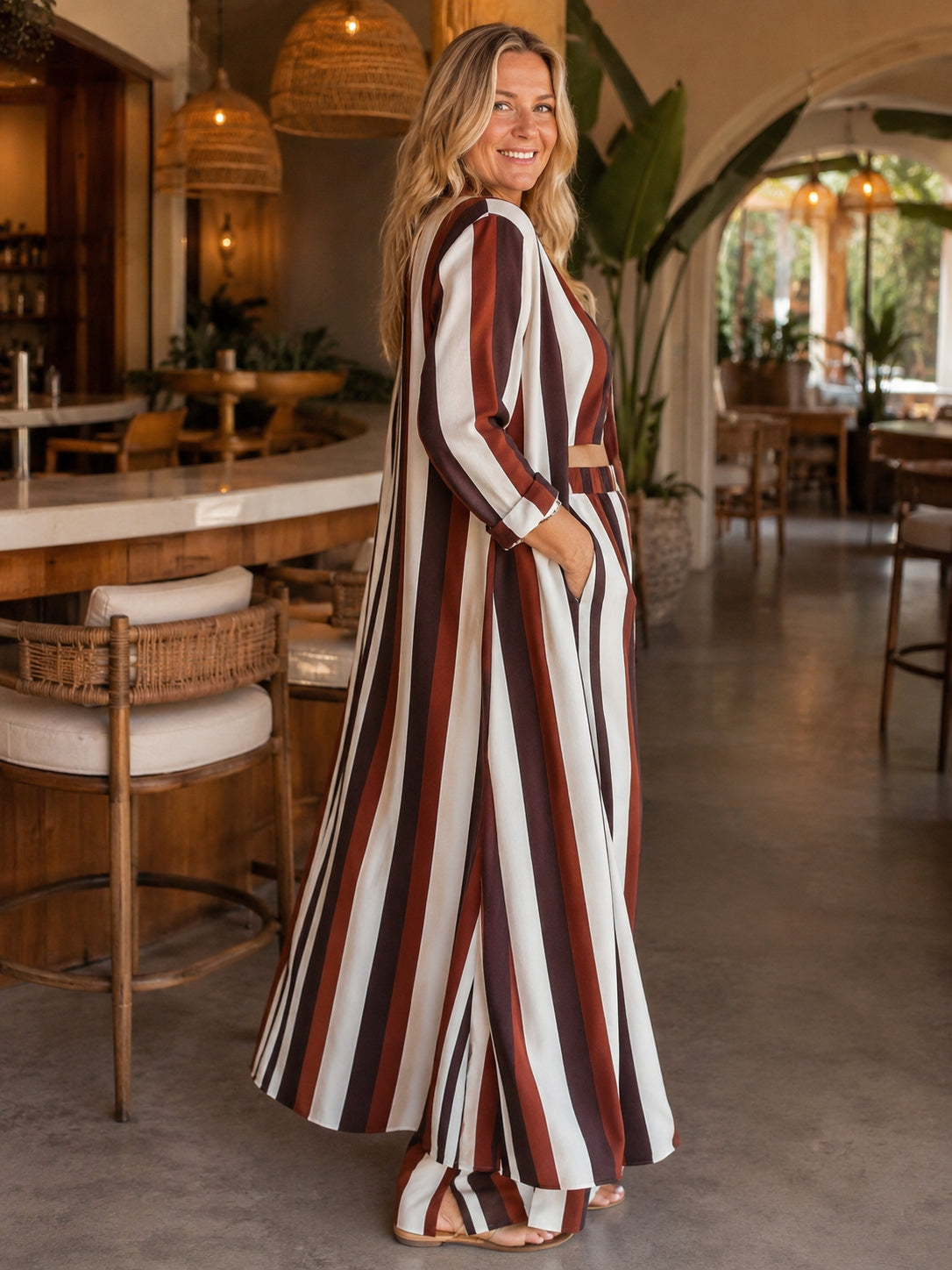 Plus Size Vertical Stripe Duster Cardigan Set