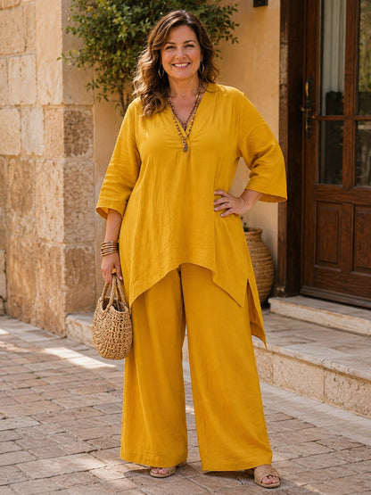Plus Size Linen-Touch V-Neck Top & Wide-Leg Pants Set