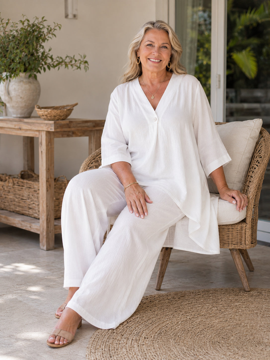 Plus Size Linen-Touch V-Neck Top & Wide-Leg Pants Set