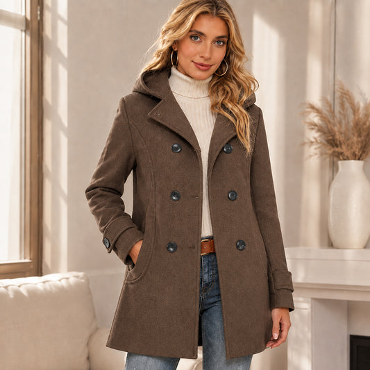 Women's Elegant Hooded Double-Breasted Wool-Blend Pea Coat