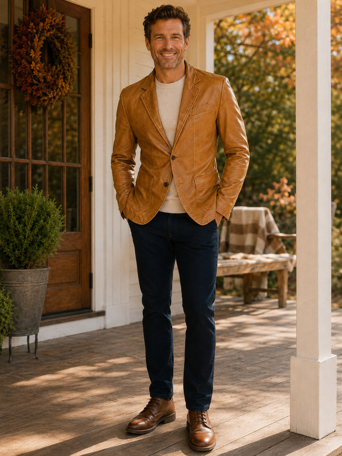 Men's Vintage Leather-Look Two-Button  Coat