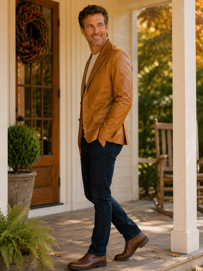 Men's Vintage Leather-Look Two-Button  Coat