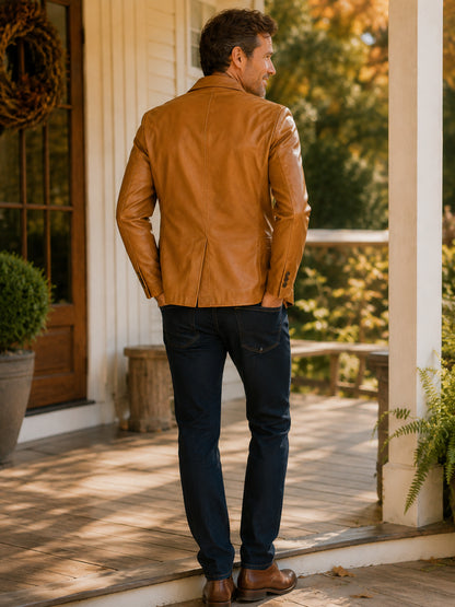 Men's Vintage Leather-Look Two-Button  Coat