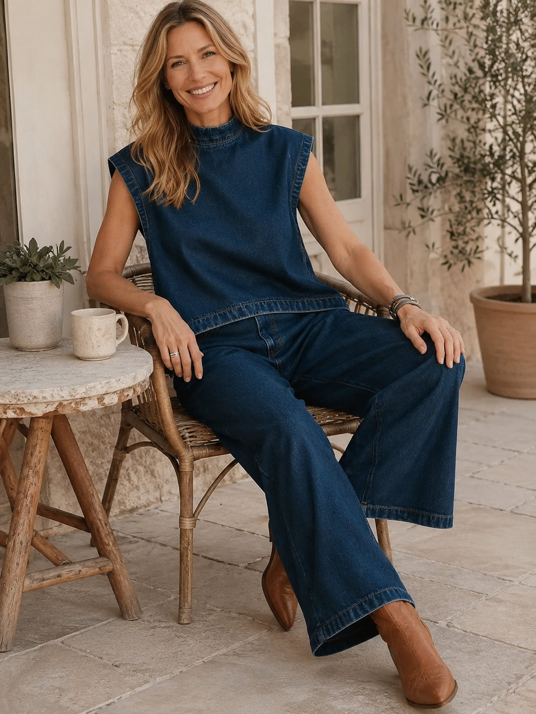 Women's Chic Cap-Sleeve Denim 2-Piece Wide-Leg Suit