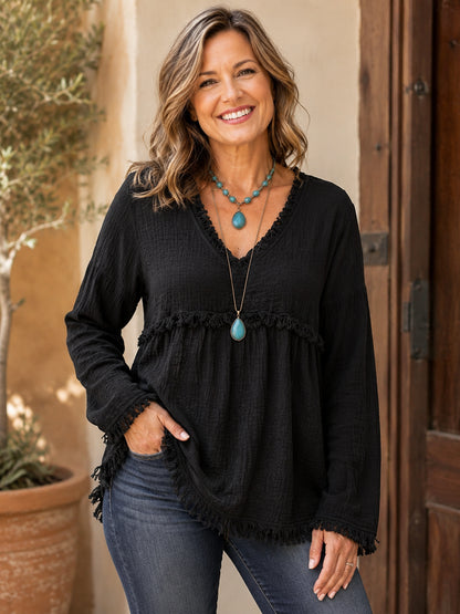 Women's V-Neck Fringe Blouse Loose Sleeve Tops